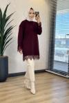 6137 Etek Ve Kol Ucu Dantelli Triko Tunik Bordo