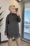 6137 Etek Ve Kol Ucu Dantelli Triko Tunik Haki