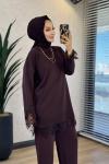 6137 Etek Ve Kol Ucu Dantelli Triko Tunik Kahve