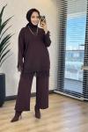 6137 Etek Ve Kol Ucu Dantelli Triko Tunik Kahve