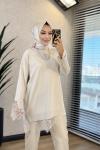 6137 Etek Ve Kol Ucu Dantelli Triko Tunik Bej