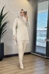 6137 Etek Ve Kol Ucu Dantelli Triko Tunik Bej