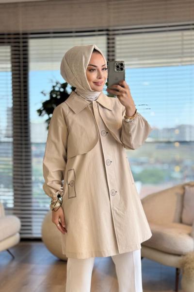 6143 Ön Düğme Desen Baskılı Gömlek Bej