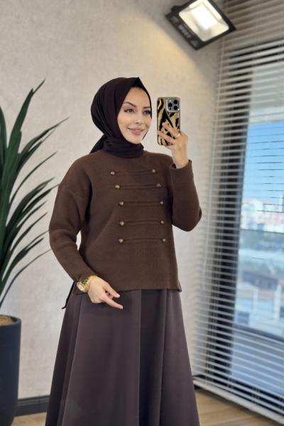 6144 Önü Düğme Ve Dikişli Triko Tunik Kahve