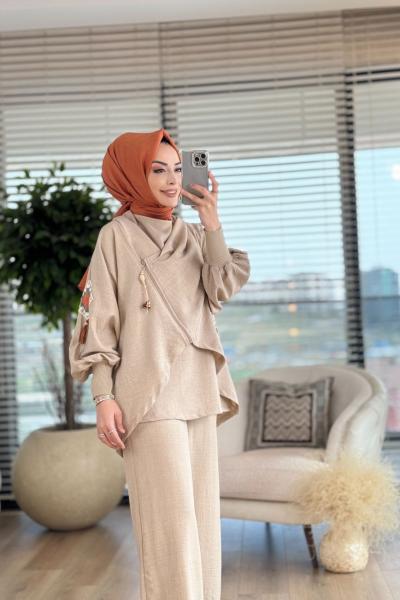 6158 Üst Kare Desen Parçalı 3lü Takım Bej