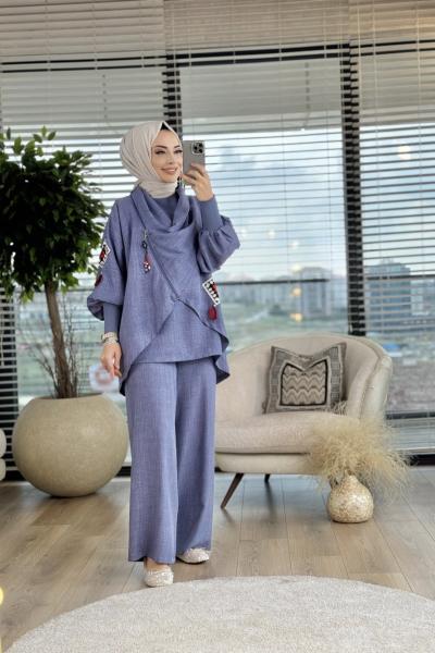 6158 Üst Kare Desen Parçalı 3lü Takım İndigo