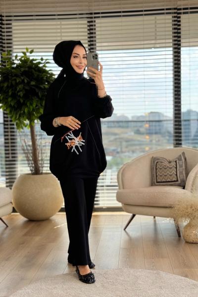 6165 Etek Ucu Yazı Fermuar Detaylı Takım Siyah