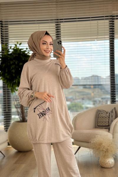 6165 Etek Ucu Yazı Fermuar Detaylı Takım Bej