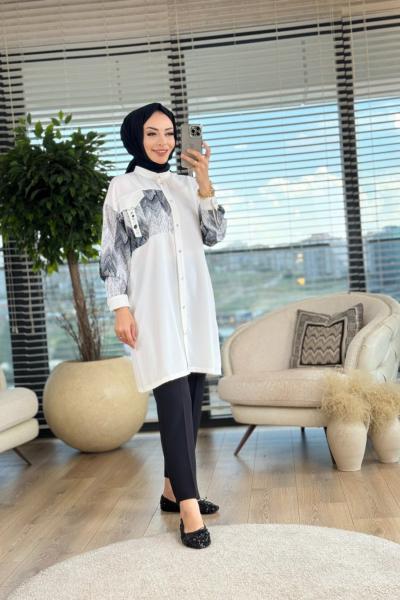 6167 Kolları Zigzag Desenli Gömlek Ekru Siyah