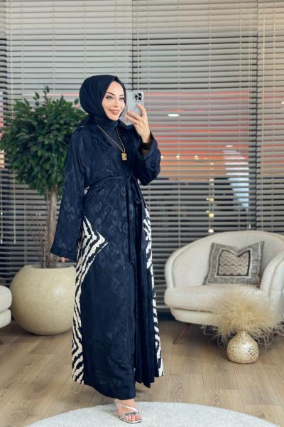 6169 Arka Desenli Garnili Abaya Siyah