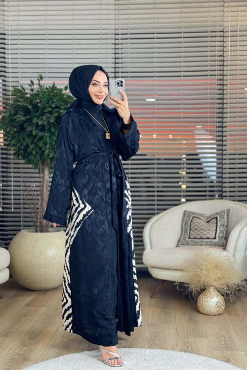 6169 Arka Desenli Garnili Abaya Siyah