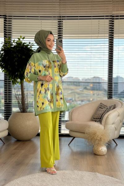 6171 Batik Desen Tunik Ekru Çağla