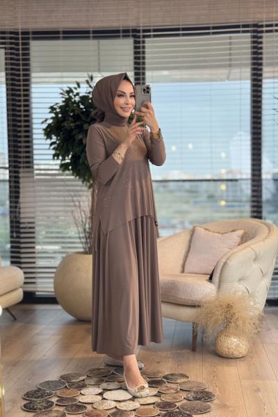 6186 Önü Serpme Taşlı Etekli Takım Vizon