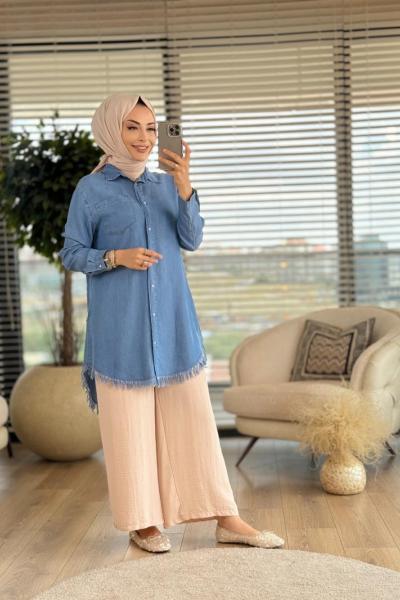6188 Etek Ucu Saçaklı Tencel Tunik Mavi