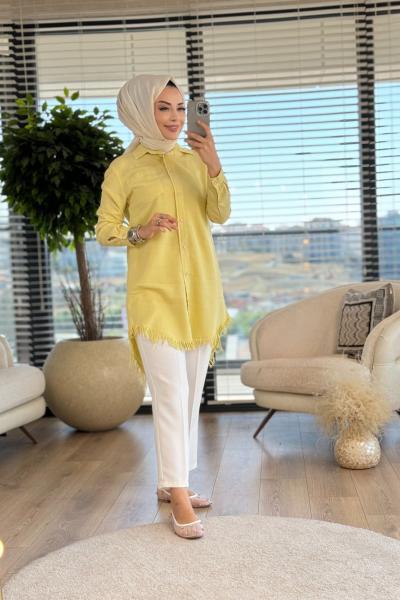 6188 Etek Ucu Saçaklı Tencel Tunik Sarı