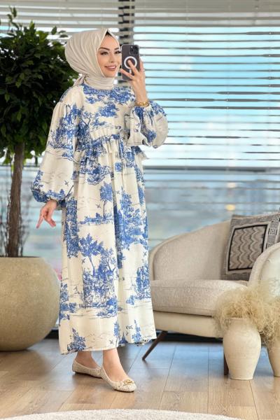6245 Üst Ağaç Ve Ev Baskılı Bel Bağcıklı Elbise İndigo