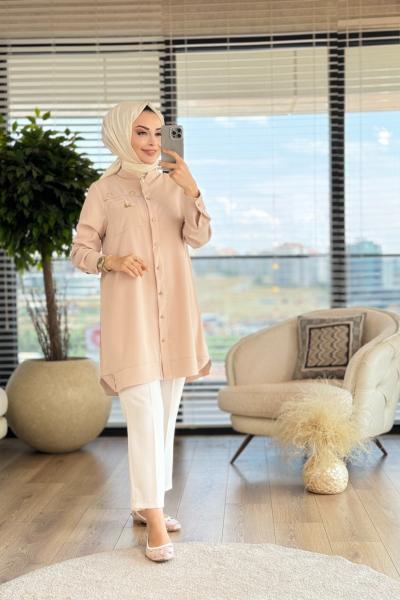 6262 Sol Taraf Metal Detaylı Gömlek Bej