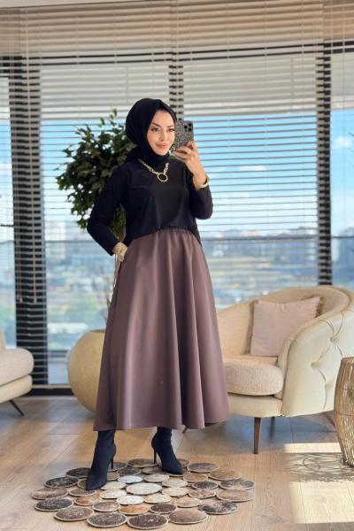 6264 Scuba Cepli Kloş Etek Kahve