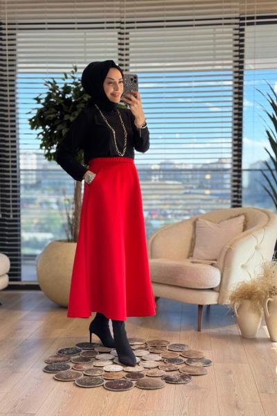 6264 Scuba Cepli Kloş Etek Kırmızı