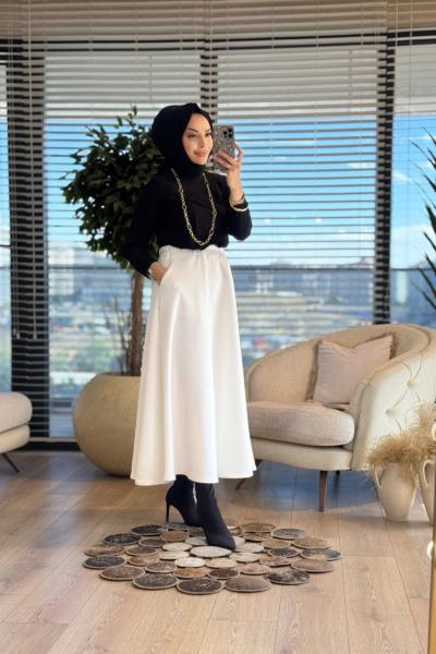 6264 Scuba Cepli Kloş Etek Ekru