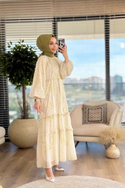 6277 Şifon Etek Ucu Fırfırlı Elbise Ekru