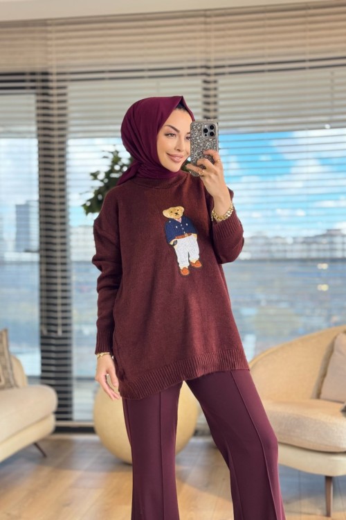 6505 Önü Ayıcık Nakışlı Triko Tunik Bordo