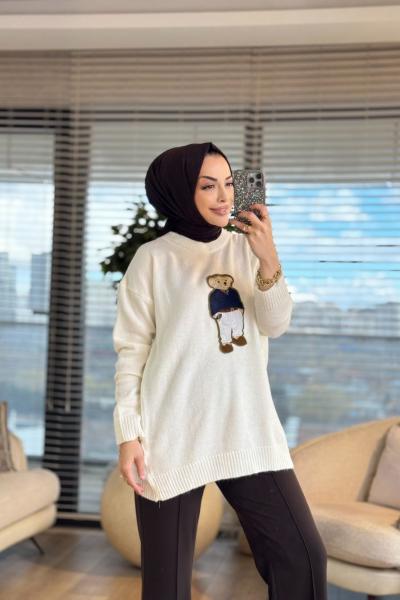 6505 Önü Ayıcık Nakışlı Triko Tunik Ekru