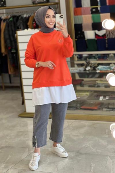 6801 Sağ Omuz Yıldız Boncuk İşli Sweat Oranj