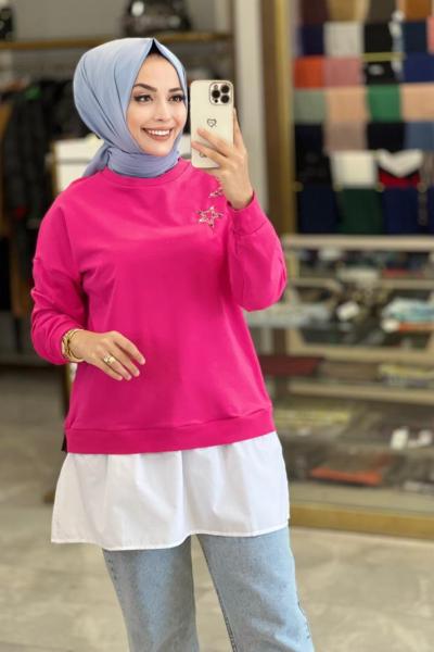 6801 Sağ Omuz Yıldız Boncuk İşli Sweat Fuşya