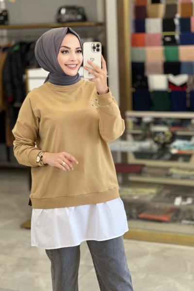 6801 Sağ Omuz Yıldız Boncuk İşli Sweat Latte