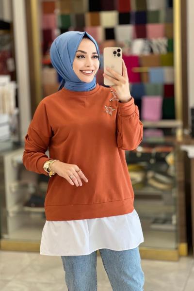 6801 Sağ Omuz Yıldız Boncuk İşli Sweat Kiremit