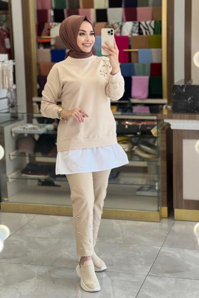 6801 Sağ Omuz Yıldız Boncuk İşli Sweat Bej