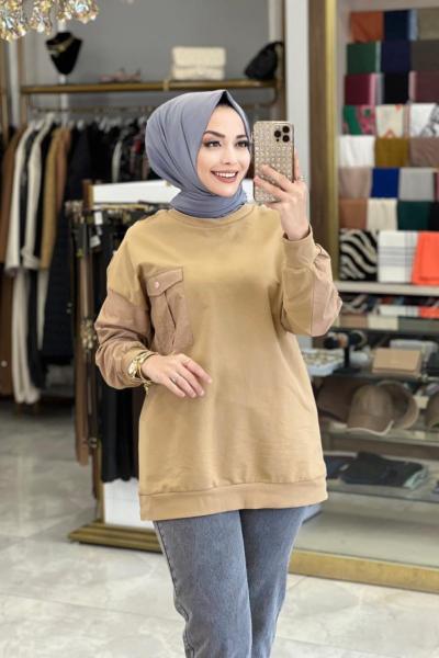 6804 Önü Kumaş Cepli İki İplik Tunik Latte