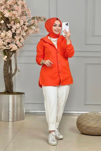 6816 Üstü Yıldız Nakışlı Kapşonlu Üç İplik Hırka Oranj