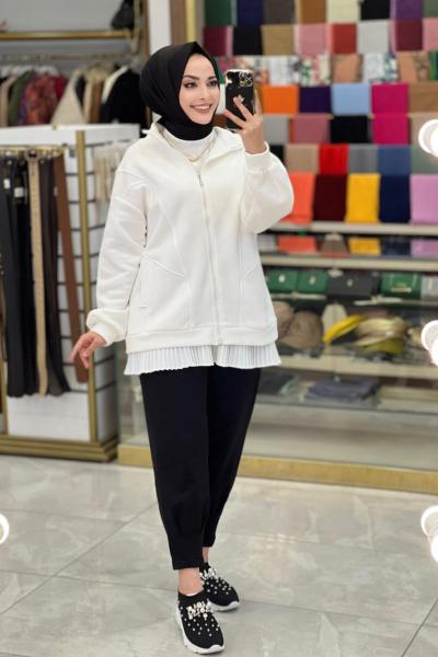 6818 Önü Fermuarlı Cepli İki İplik Hırka Ekru