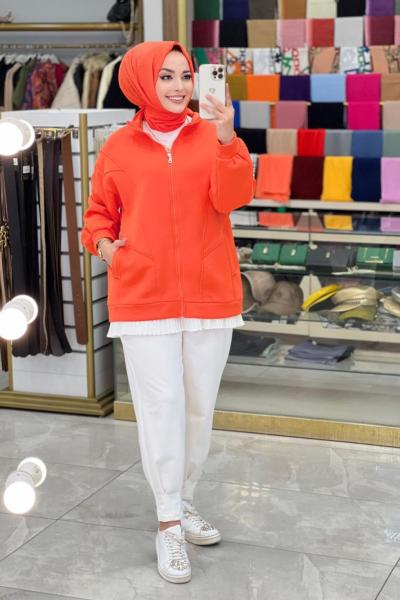 6818 Önü Fermuarlı Cepli İki İplik Hırka Oranj