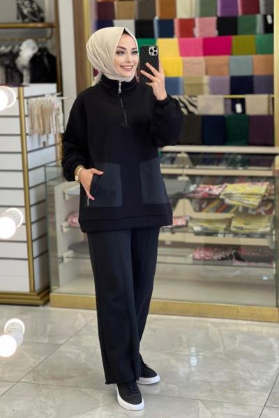 6819 Önü Cepli Patı Fermuarlı Sweat Siyah