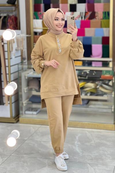 6821 Patı Taş İşlemeli İki İplik Takım Latte