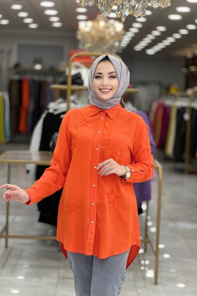 6846 Yıldız Nakışlı Tencel Tunik Mercan