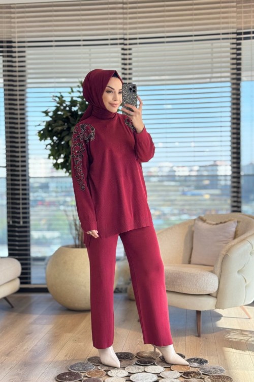 6870 Kolları İşli Triko Takım Bordo
