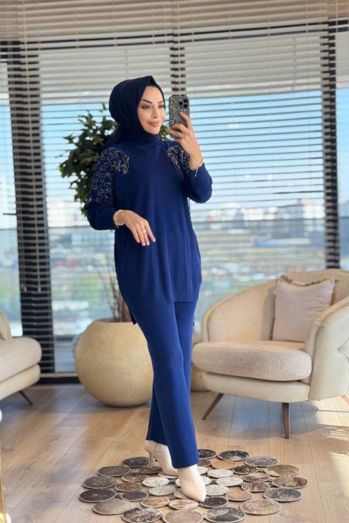 6870 Kolları İşli Triko Takım Lacivert