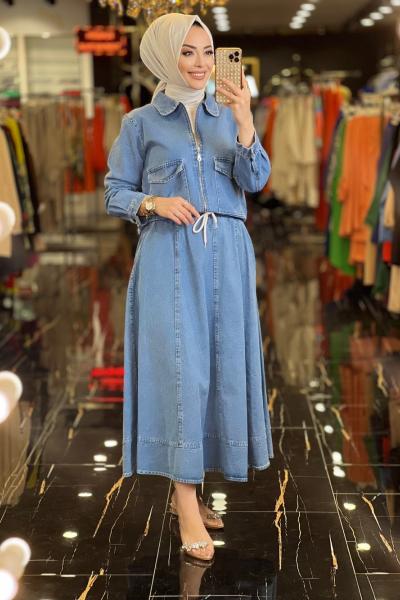 6877 Kot Önü  Fermuarlı Etekli Takım Mavi