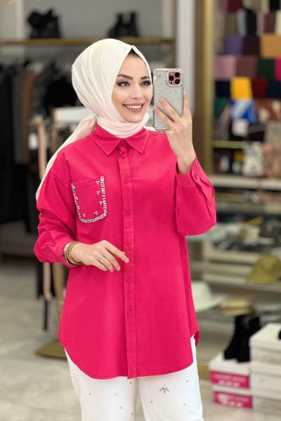 6878 Cep Kenarı Taş İşlemeli Tunik Fuşya