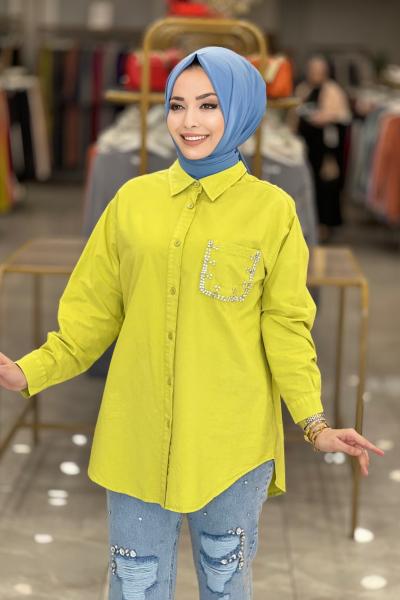 6878 Cep Kenarı Taş İşlemeli Tunik Yağ Yeşili