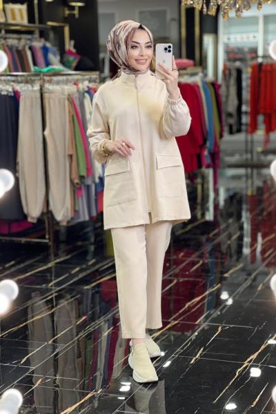 6899 Ön Fermuar Ve Cepli Takım Bej