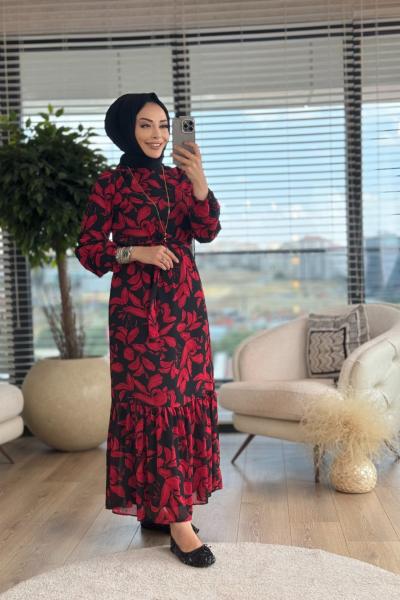 6901 Şifon Çiçek Desenli Elbise Siyah Kırmızı