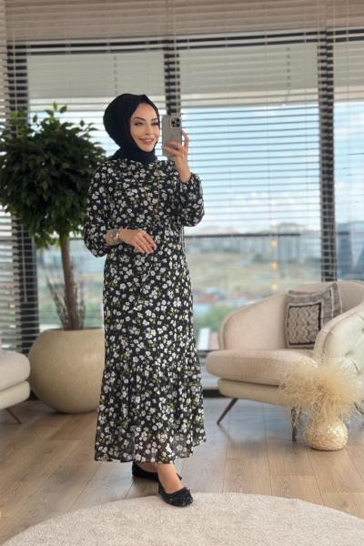 6901 Şifon Çiçek Desenli Elbise Siyah Çiçek