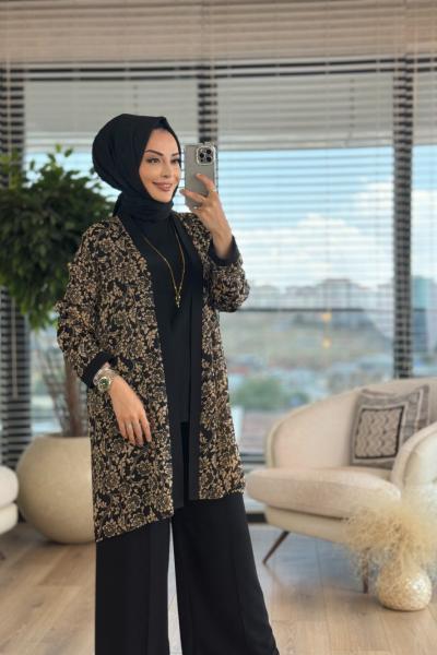 6902 Üstü Desenli Kimono İçlikli İkili Takım Siyah Latte