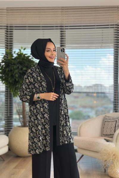 6902 Üstü Desenli Kimono İçlikli İkili Takım Siyah Yağ Yeşili