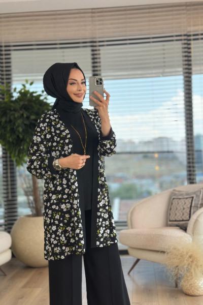 6902 Üstü Desenli Kimono İçlikli İkili Takım Siyah Çiçek